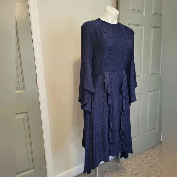 Great Jones Navy Blue Jacquard Leopard Printed Ruffle Bell Sleeves Midi Dress(4) - Picture 4 of 10